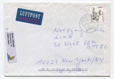 Alemania 2003 Cubierta Lübeck a EE. UU. Correo Aéreo 2 € Bamberg Rider Sello LUFTPOST Foto 1 de 2