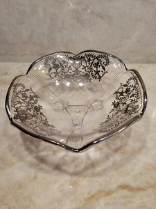 Vintage Glass Clear Ruffled Three Footed Bowl , Dish With Silver Overlay Floral - Picture 1 of 4