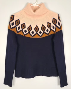 J CREW Fair Isle Turtleneck Sweater XS 100% Merino Wool Navy Blue Peach Brown - Picture 1 of 10