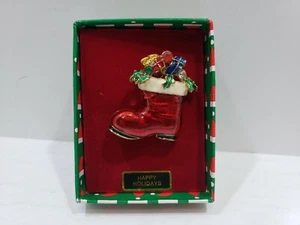 Vintage Christmas Stocking Enamel Gold Tone Brooch Pin Holidays Christmas 2" NOS - Picture 1 of 3