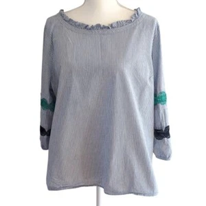 Talbots Blue White Stripe 3/4 Sleeve Embroidered Poplin Top Size XL Petite - Picture 1 of 11