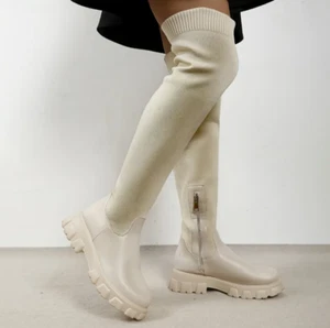 8US Shoe'N Tale Oberschenkel hohe Stiefel runde Zehenpartie klobiger Absatz, gestrickt über Stiefeln - Bild 1 von 3