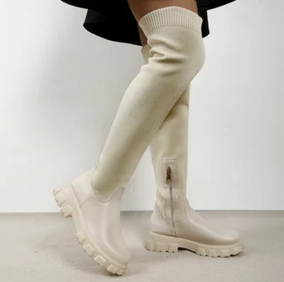 8US Shoe'N Tale Thigh High Boots Round Toe Chunky Heel, Knit Above Boots - Image 1 of 4