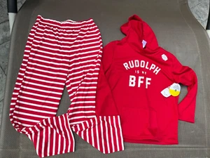NEW North Pole Trading Co RUDOLF IS MY BFF Red Unisex 2 Piece Pajama Set LARGE - Picture 1 of 7
