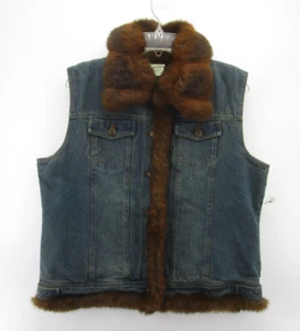VINTAGE St Johns Bay Jacket Women Large Blue Trucker Vest Faux Fur Denim 90s NEW - Picture 1 of 10
