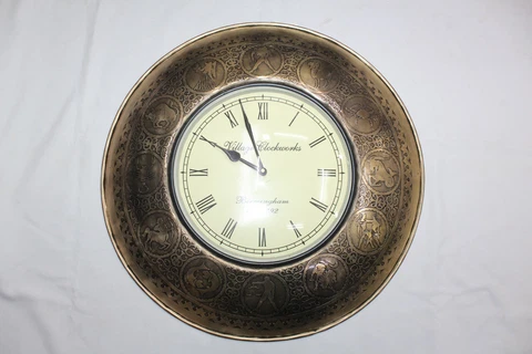 Shield clock wall steel yellow dhal hanging engraved zordiac signs handmade C628 Cover