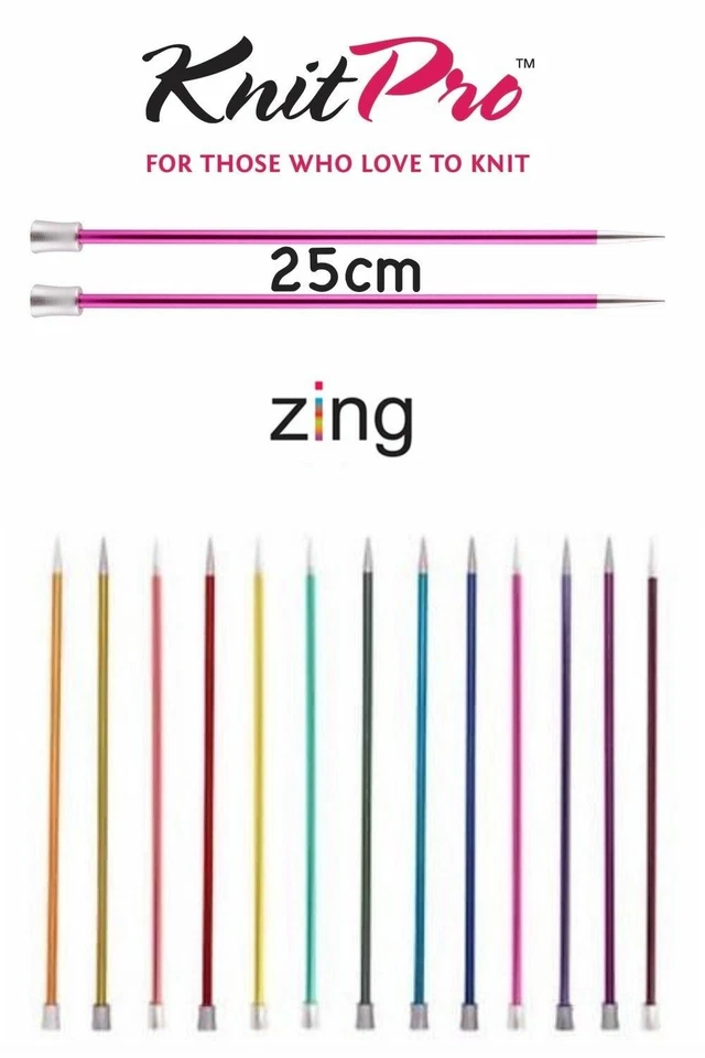 KnitPro Zing Straight / Single Point Knitting Needles - 25cm Length - All Sizes