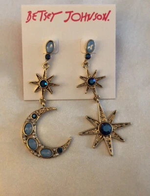 Betsey Johnson Gold Tone Star & Moon Mismatch Drop Earrings Blue NWT - Image 1 of 4