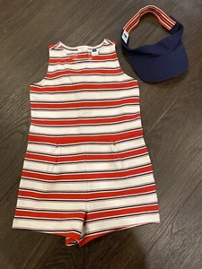 NWOT EUC Janie and Jack Girls 5 JJ Sport Striped Romper Red Navy Visor - Picture 1 of 10