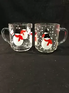 Vintage Crate and Barrel Laminar Clear Snowmen Christmas Mugs set of 2 - Picture 1 of 8