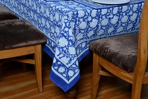 Blue and White Hand Block Printed Rectangle tablecloth Floral Cotton Table Cover - Picture 1 of 10