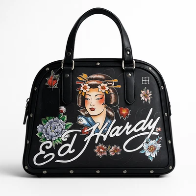 Bolsa satchel tiracolo Ed Hardy japonesa arte tatuagem gueixa cravejada preta nova com etiquetas - Imagem 1 de 4