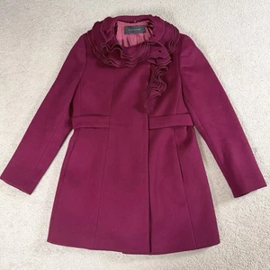 ELIE TAHARI 100% Wool Ruffled Collar Elegant Designer Overcoat Sz L Burgundy - Picture 1 of 14