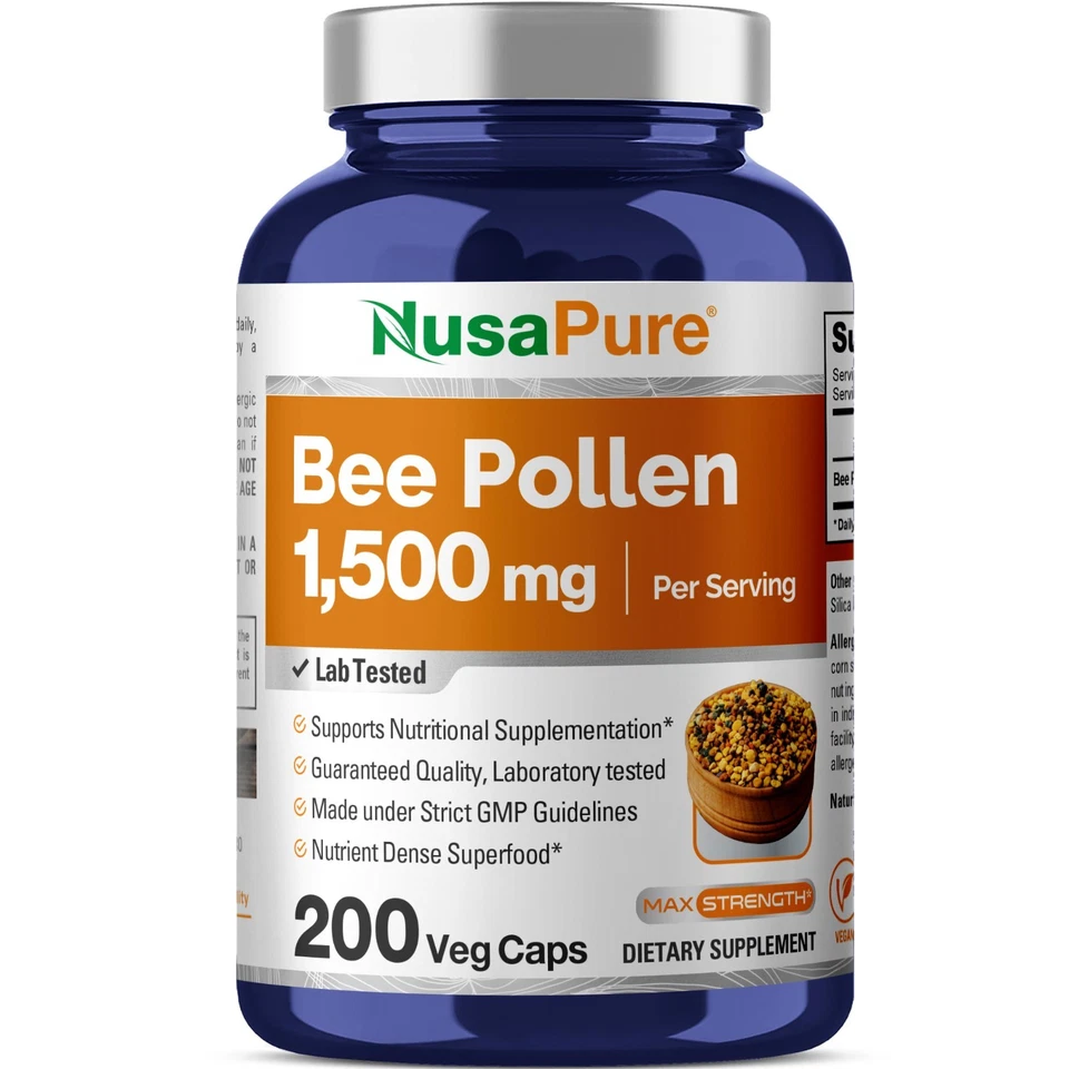 Bee Pollen 1500mg 200 Veggie Caps 100 Vegetarian Non GMO & Gluten Natu