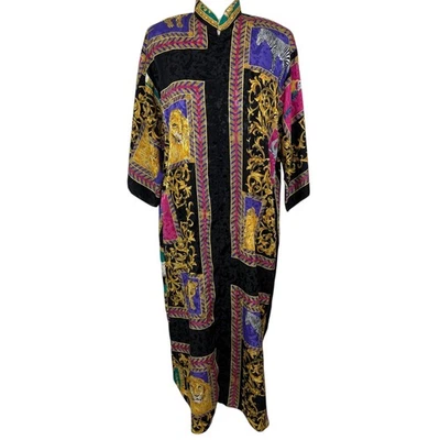 Ruth Norman Caftan Robe Vtg Sz S Maxi Animal Bird Lion Half Zip Retro Party - Image 1 of 4