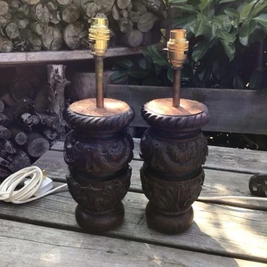 Old Vintage Pair Solid Dark Hardwood Carved Table Lamps With Copper Tops - Picture 1 of 19