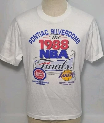 Vintage 1988 NBA Finals Pontiac Silverdome Lakers/Pistons White T-Shirt XL Used  - Image 1 of 4