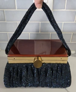 Vintage Gorgeous Art Deco Black Sparkly Beaded Box Purse with Bakelite? Top - Picture 1 of 10