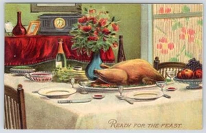 1910er THANKSGIVING FEST TÜRKEI AUF TISCH CHAMPAGNERFLASCHE GEPRÄGT POSTKARTE - Bild 1 von 2