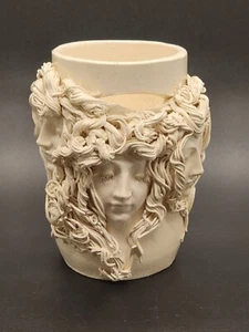Gorgeous Three Goddess Womens Heads Carved w/Thin Spaghetti Hair in Clay Vase - Picture 1 of 23
