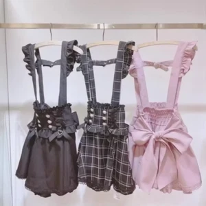 Gothic Lolita Ribbon Bow Pearl Buckle Removable Suspender A-Line Mini Skirt - Picture 1 of 18