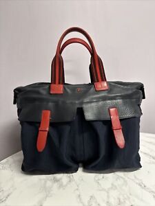 ISAIA NAPOLI Blue & Red Leather / Fabric Duffle Bag Travel Weekend Hand Luggage