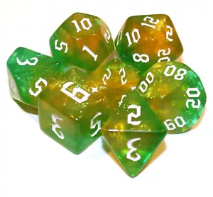 7 piezas dados poliédricos brillantes translúcidos con fuente y bolsa góticos - oro verde - Imagen 1 de 2