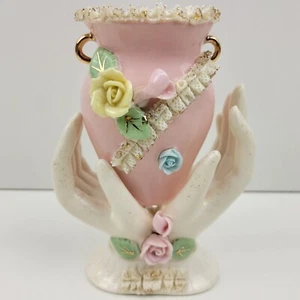 Vintage Fairyland Imports Hands Urn Vase Ceramic Porcelain Painted Floral * - Picture 1 of 15