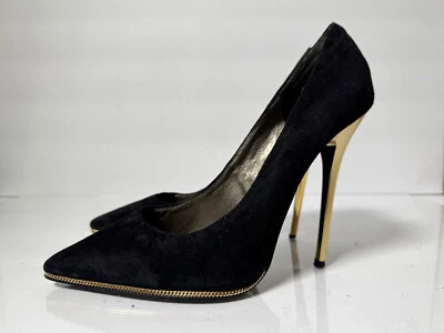 Zapatos de tacón de aguja de gamuza negros vintage de Jeffrey Campbell con tacón dorado talla 9 Foto 1 de 4