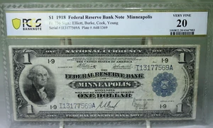 1918 $1 Federal Reserve Bank Note Minneapolis PCGS VF20 #7569 - Picture 1 of 2