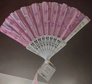 Foldable Hand Fan Fabric Sequins-Pink Background w/Pink Sequins-NEW-SHIPS N 24HR - Picture 1 of 5