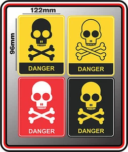 JUEGO DE 4 CALCOMANÍAS DE ADVERTENCIA CON LOGOTIPO DE ADVERTENCIA BNIP PRECAUCIÓN PEGATINA DE SEÑAL DE PELIGRO CRÁNEO CRUZADO HUESOS - Imagen 1 de 1