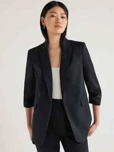 Scoop Scrunch Sleeve Blazer Women's Black 3/4 Sleeve Open Relaxed Fit, Size M - Picture 1 of 5