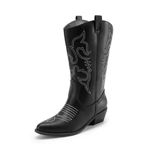 Women Wide Calf Cowgirls Boots Western Boots Wedges Mid Calf Horse Riding Boots - Picture 1 of 20