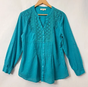 Indigo Soul Baumwollbluse Spitze Häkel vorne Rollriegelärmel türkis Gr. L - Bild 1 von 10