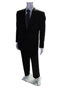 Halston Mens Pinstriped Pleated Front Two Button Suit Black White Size 42/33 - Picture 1 of 8