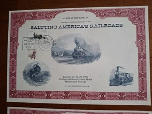 Biglietto ricordo ABNC SO 63 Miami Stamp Expo 89 Saluting America's Railroads Annulla - Foto 1 di 2