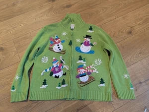 Vintage 90’s Tiara International Christmas Knit Cardigan Santa Beaded Green Ugly - Picture 1 of 16