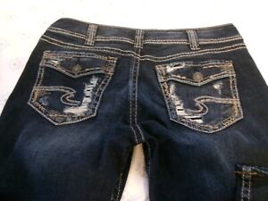 Womens 34/31 Silver Suki slim BOOT jeans dark wash stretch flap NWOT 35x31 14/16