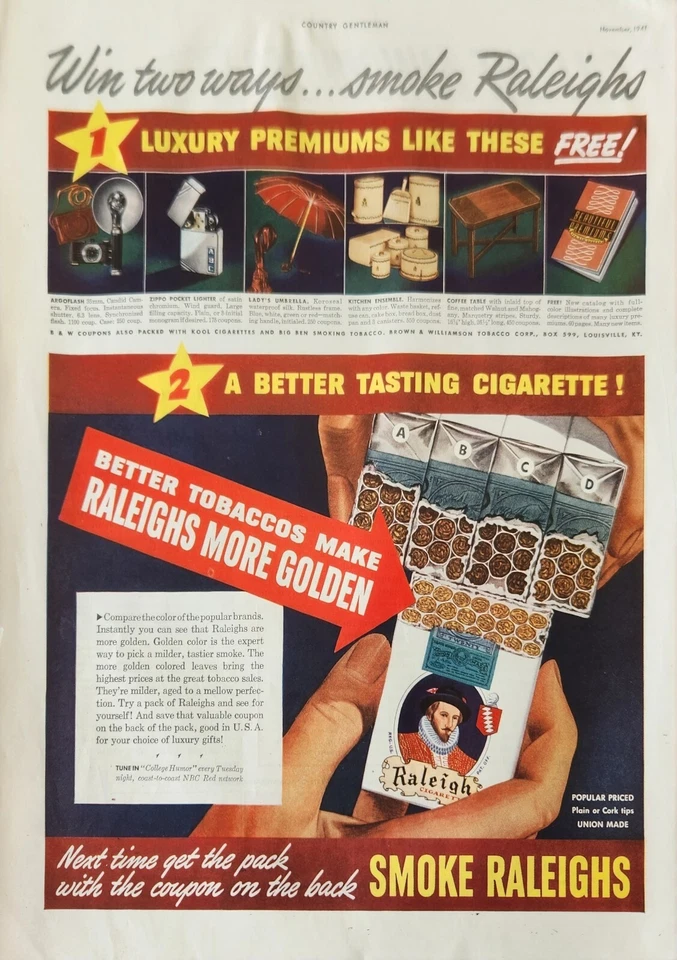 Raleigh Cigarettes 1941 anuncio vintage primas de lujo como estas Foto 1 de 1