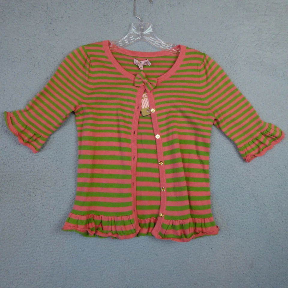 Nuevo Suéter Juicy Couture Niñas 14 Verde Rosa Volantes Cárdigan Preppy Botón Foto 1 de 4