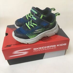 SKETCHERS TRAINERS SHOES UK 8 EU 25 Navy Neon Black BOYS Strap on Box Casual