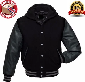 Schwarze Wolle Uni Letterman Hoodie College Jacke dunkelgrau Echtleder Arme - Bild 1 von 5