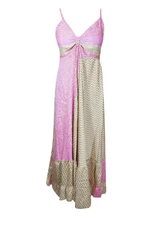 Pink Sari Silk Maxi Dress, Elegant Floral Dress, Recycle silk Summer Dress S/M