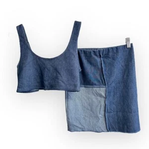 Neu mit Etikett Naked Wardrobe Duel Denim Patchwork-Rock und passendes BH-Top Größe M - Bild 1 von 11