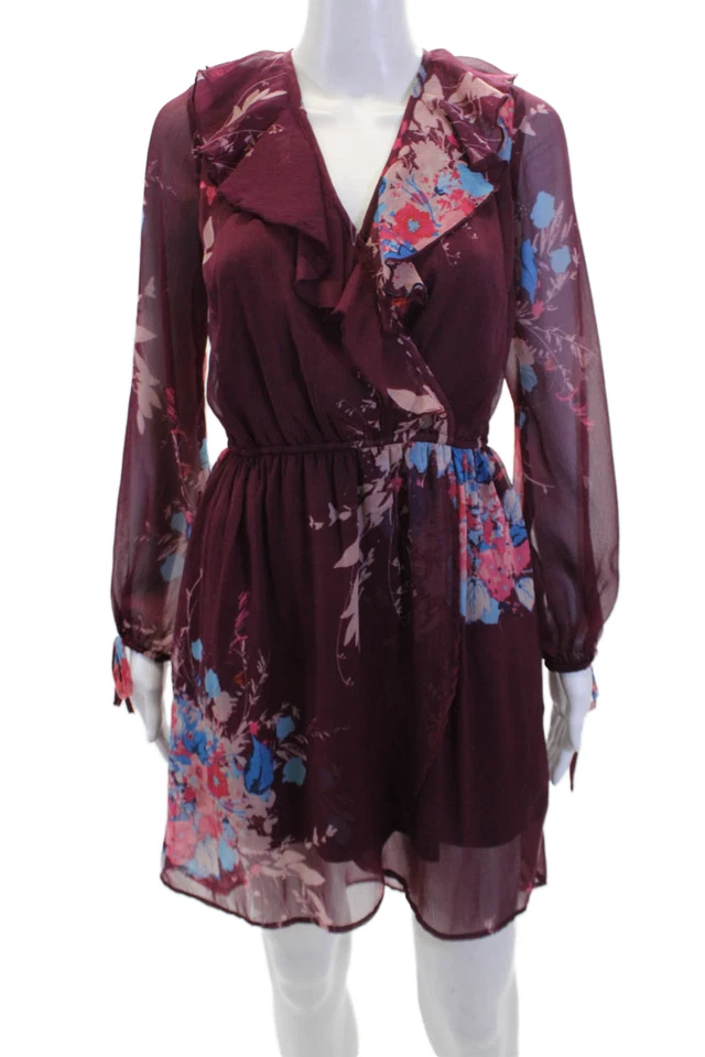 Vestido recto Band of Gypsies para mujer floral cuello en V volantes manga larga granate talla M Foto 1 de 4