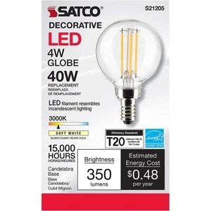 Satco S21205 40W G16.5 LED Clear Candelabra base 90 CRI 3000K 120V 6 Pack Globe - Picture 1 of 2