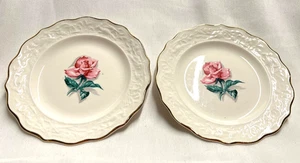 Pair of Vintage Gold Rim Desert Plates with Pink Rose in Center- 6" diameter - Picture 1 of 2