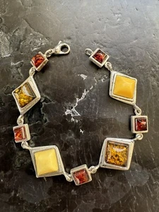 VTG BALTIC BUTTERSCOTCH EGG YOLK CABOCHON AMBER STERLING 925 Deco BRACELET 7.25 - Picture 1 of 2