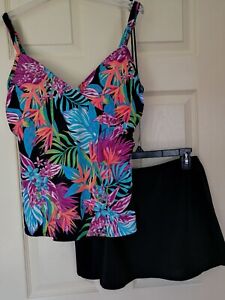 Jantzen V-Neck Tankini Set with Skirt Bottom Swimsuit Floral/Black S.12 Ex.cond.